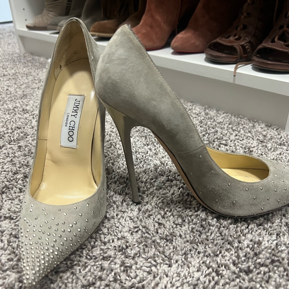 Jimmy Choo Gray Stiletto Heels with Crystal Embellishments